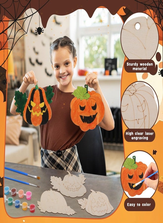 DoubleFill مجموعة دبل فيل لصنع زينة اليقطين للهالوين، 30 قطعة، زينة خشبية غير مكتملة على شكل يقطين مع فرش طلاء، 10 شرائح خشبية بتصاميم هالوين مميزة، مثالية للأنشطة الفنية والحرف اليدوية ولوازم الحفلات. - Image 3